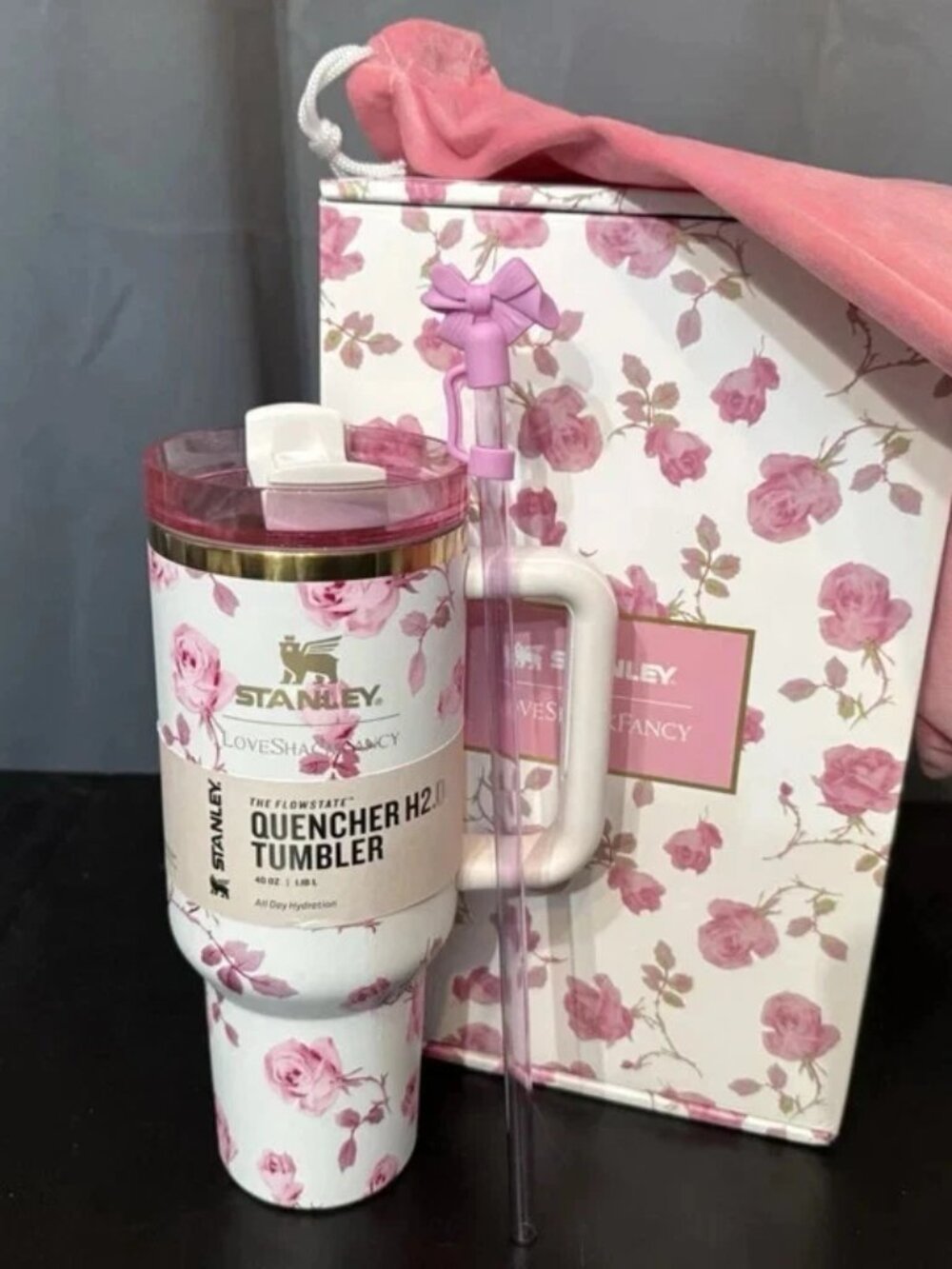 Stanley x LoveShackFancy 40oz Ribbon Rosa Flowstate H2.0 Tumbler White & Pink